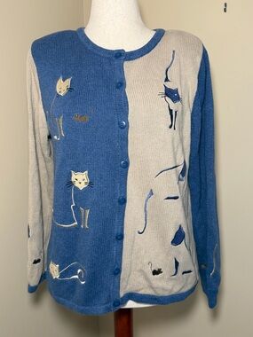 Vtg CJ Banks Cat & Mouse Cardigan Sweater Sz X Blue White Novelty Knit Button